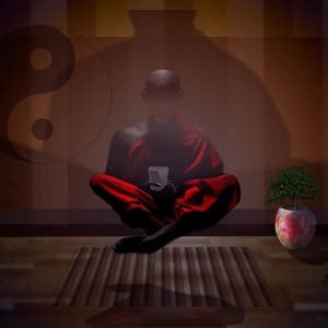 Monk on his cellphone while levitating