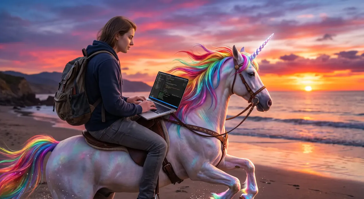 Developer riding a rainbow unicorn