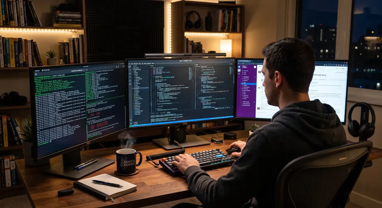 Developer working late at a desk with three monitors